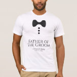 おもしろい『黒いネクタイ結婚の父』 Tシャツ<br><div class="desc">このおもしろいTシャツは花婿の父親のためのお気に入りや贈り物としてデザインされています。Tシャツは白く、黒い蝶ネクタイと3つのボタンのイメージが特徴です。文字読の父で、夫婦の名前とデートの場所が結婚あります。の素晴らしスワッグバッグに追加。</div>
