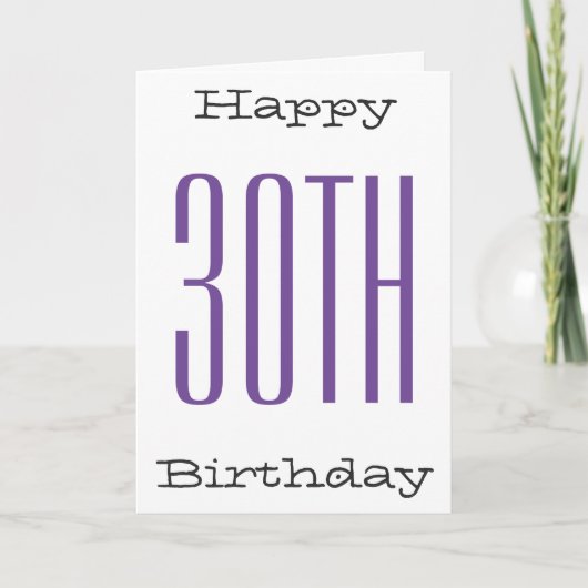 おもしろい、30歳の誕生日、大紫、黒の文字、白。 カード (正面)