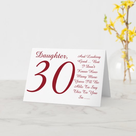 おもしろい、30歳の誕生日、娘、赤と白文字。 カード (黄色い花)