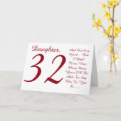おもしろい、32歳の誕生日、娘、赤と白文字。 カード (黄色い花)