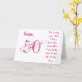 おもしろい、50歳の誕生日お姉さん、ピンク&ホワイト文字。 カード (黄色い花)