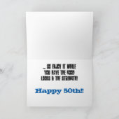 おもしろい、50歳の誕生日、兄、青と白の文字。 カード (内部)