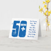 おもしろい、50歳の誕生日、兄、青と白の文字。 カード (黄色い花)