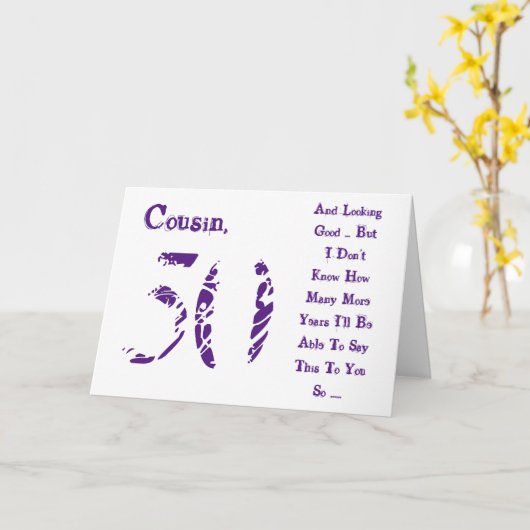 おもしろい、50歳の誕生日、従兄弟、紫と白の文字。 カード (黄色い花)