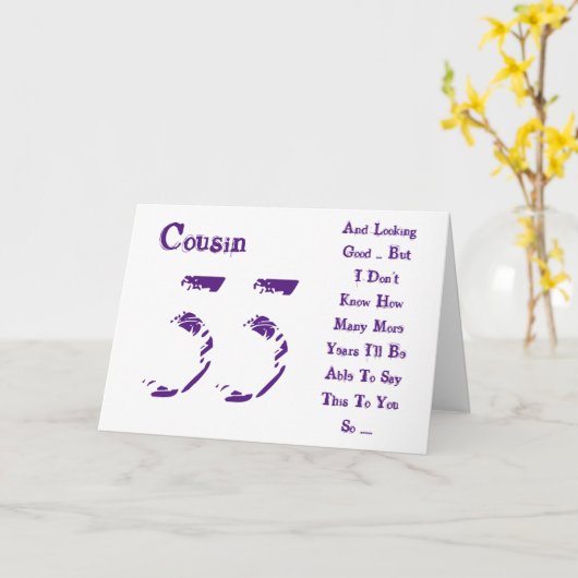 おもしろい、55歳の誕生日、従兄弟、紫と白の文字。 カード (黄色い花)