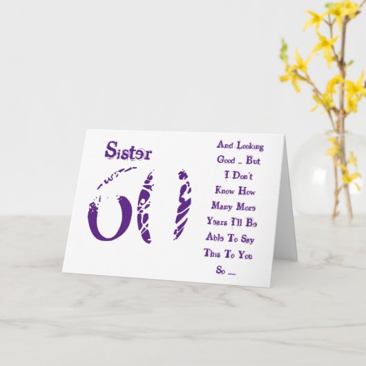 おもしろい、60歳の誕生日、妹、紫と白の文字。 カード (黄色い花)