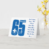 おもしろい、65歳の誕生日、おじいちゃん、青と白の文字。 カード (黄色い花)