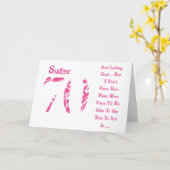 おもしろい、70歳の誕生日、妹、ピンクと白の文字。 カード (黄色い花)