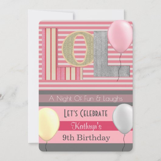 おもしろい"LOL"ガールスランバーパーティー誕生日 招待状 (正面)