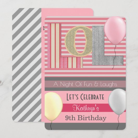 おもしろい「LOL」ガールスランバーパーティー誕生日 招待状 (正面/裏面)