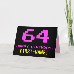 おもしろい、Nerdy、オタク系のPink、8ビットスタイル64誕生日 カード