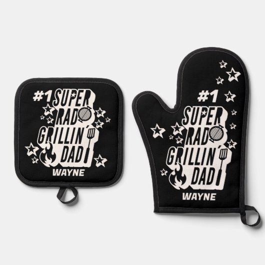 おもしろいBBQ #1すごい素晴らしいグリリンパパ名前をカスタムする 鍋つかみ&鍋敷きセット (正面)