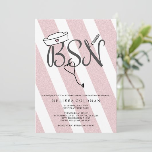 おもしろいBSN卒業招待状赤面ピンクグリッター 招待状 (スタンド正面)
