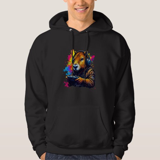 おもしろいCapybara Tee Gamepadヘッドフォンビデオゲーム パーカ (正面)