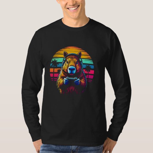 おもしろいCapybara Tee Gamepadヘッドフォンビデオゲーム Tシャツ (正面)