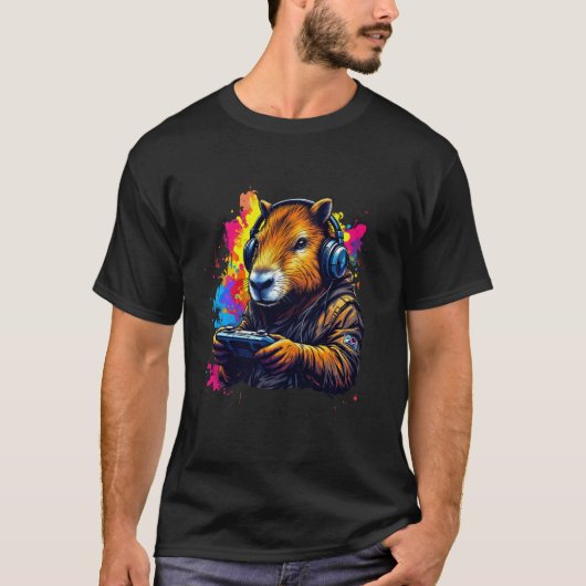 おもしろいCapybara Tee Gamepadヘッドフォンビデオゲーム Tシャツ (正面)
