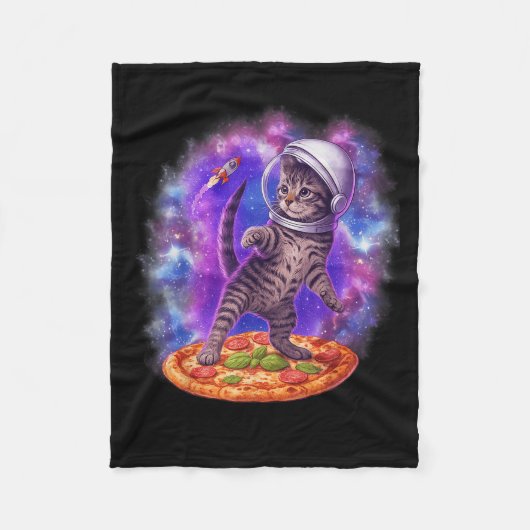 おもしろいCat A飛んでいる Pizza宇宙飛行士Kitten宇宙Ki フリースブランケット (正面)