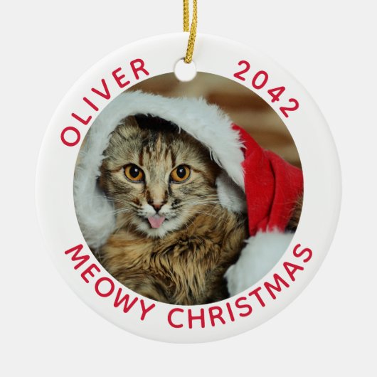 おもしろいCat Meowy Christmas写真名 セラミックオーナメント (正面)