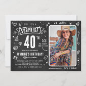 おもしろいChalkboard Doodleフォトサプライズ40th誕生日 招待状 (正面)