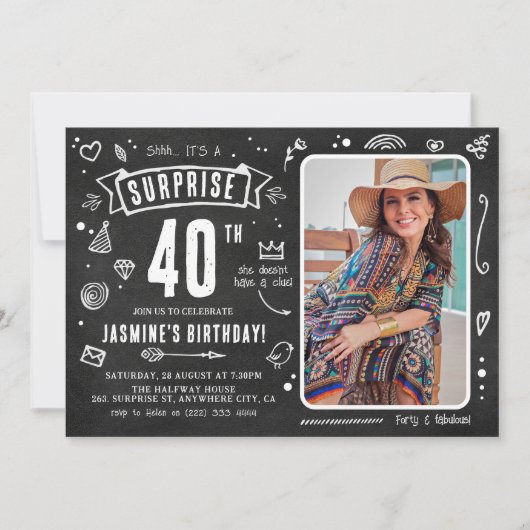 おもしろいChalkboard Doodleフォトサプライズ40th誕生日 招待状 (正面)