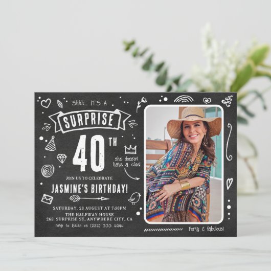 おもしろいChalkboard Doodleフォトサプライズ40th誕生日 招待状 (スタンド正面)