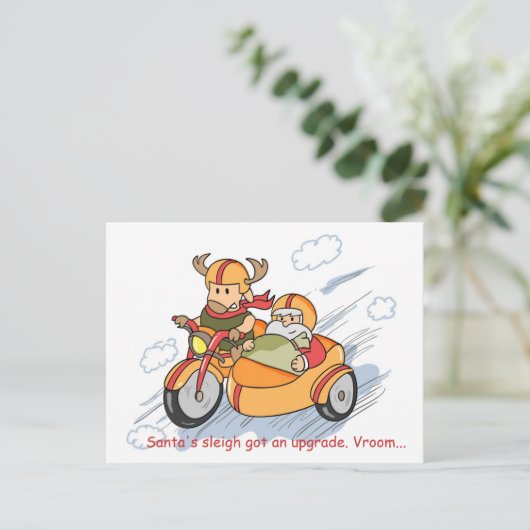 おもしろいChristmasはがき：サンタのソリがアップグレード シーズンポストカード (スタンド正面)