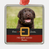 おもしろいChristmas Santa Dog写真と名前カスタム メタルオーナメント (正面)