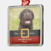 おもしろいChristmas Santa Dog写真と名前カスタム メタルオーナメント (左)