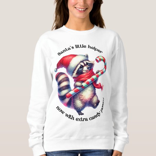 おもしろいChristmas Tee: candy-cape raccoon スウェットシャツ (正面)