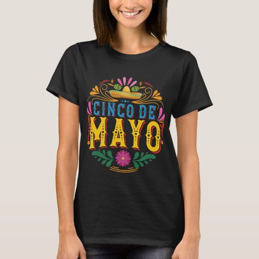 おもしろいCinco de Mayo Mexican Hat,カラフルの花 Tシャツ (正面)