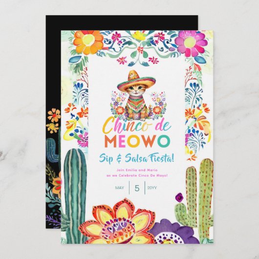 おもしろいCinco De Mayo SipとSalsa Cat FIESTA 招待状 (正面/裏面)