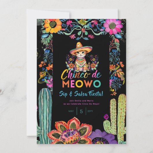 おもしろいCinco De Mayo SipとSalsa Cat FIESTA 招待状 (正面)