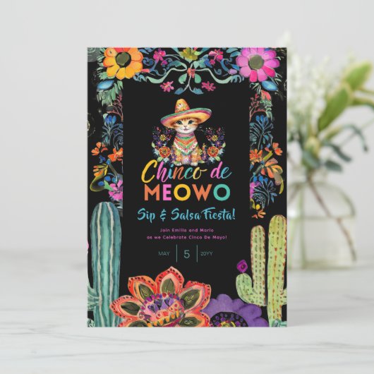 おもしろいCinco De Mayo SipとSalsa Cat FIESTA 招待状 (スタンド正面)