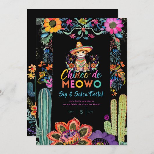 おもしろいCinco De Mayo SipとSalsa Cat FIESTA 招待状 (正面/裏面)