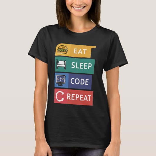 おもしろいCoder Programmer Coding 食べ Sleep Code Repea Tシャツ (正面)