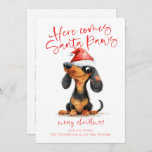 おもしろいDachshund Santa Paws 2025カレンダークリスマス シーズンカード<br><div class="desc">おもしろいDachshund Santa Paws 2025カレンダーのクリスマス。デジタルおよび印刷で利用可能。フェスティバルおもしろいあなたの休日の願い、このおもしろいデザインと彼のサンタハットに生意気なウィーナー犬と。Santa Paws来とMerry Christmasは一連の台本にモダン載っており、下の挨拶や名前を簡単にカスタマイズできる。便利な2025カレンダーが背面にある。</div>