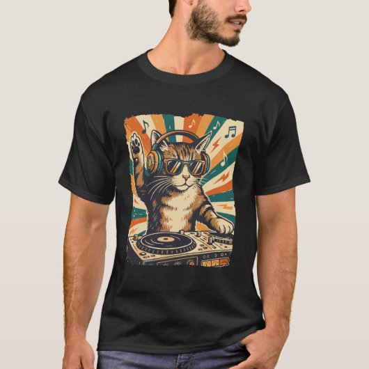 おもしろいDJ猫ディスコヘッドホン音楽パーティーの愛好家アート Tシャツ (正面)