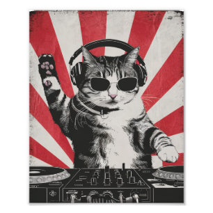 おもしろいDJ Cat Disco Sound Techヘッドフォン音楽 フォトプリント