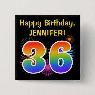 おもしろいFireworks +レインボーパターン"36"誕生日# 缶バッジ