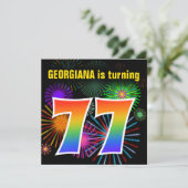 おもしろいFireworks +レインボーパターン"77"誕生日# 招待状 (スタンド正面)