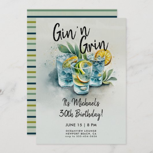 おもしろいGin n Grin Drinksパーティーメンズ30歳の誕生日 招待状 (正面/裏面)