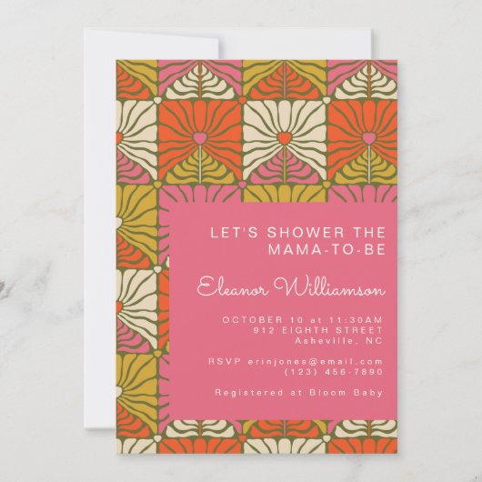 おもしろいGroovy 70sヴィンテージピンクフローラブライダルシャワー 招待状 (正面)