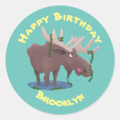 おもしろいhappy moose漫画イラストレーションクラシックrou ラウンドシール (正面)