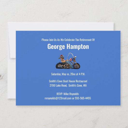 おもしろいHappy Retirementパーティー、バイクもしくは自転車に乗る人、招待状 招待状 (裏面)