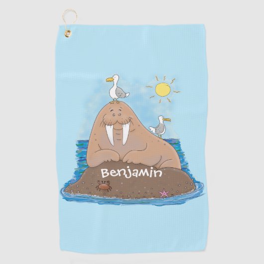 おもしろいhappy walrus cartoonイラストレーション ゴルフタオル (正面)