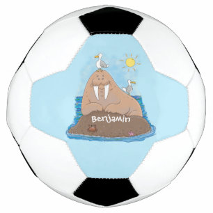 おもしろいhappy walrus cartoonイラストレーション サッカーボール