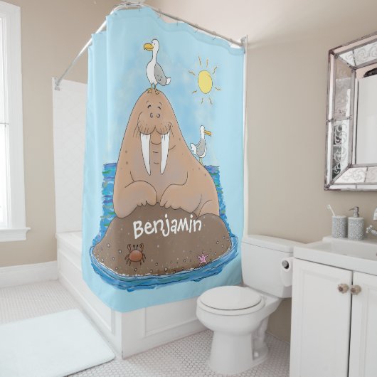 おもしろいhappy walrus cartoonイラストレーション シャワーカーテン (インサイチュ)