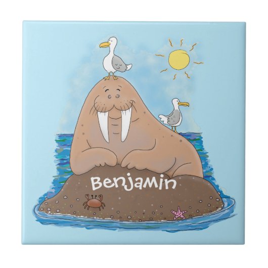 おもしろいhappy walrus cartoonイラストレーション タイル (正面)