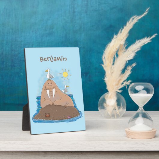 おもしろいhappy walrus cartoonイラストレーション フォトプラーク (側面)