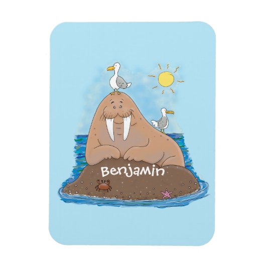 おもしろいhappy walrus cartoonイラストレーション マグネット (縦)